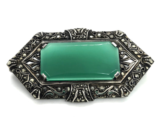 Art Deco German Green Chrysoprase and marcasite vintage sterling silver brooch