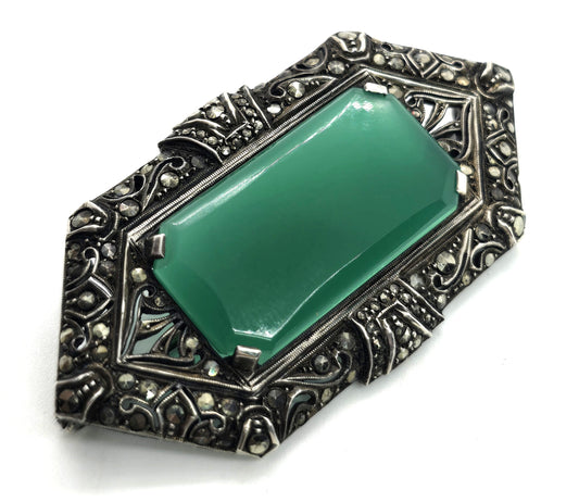 Art Deco German Green Chrysoprase and marcasite vintage sterling silver brooch