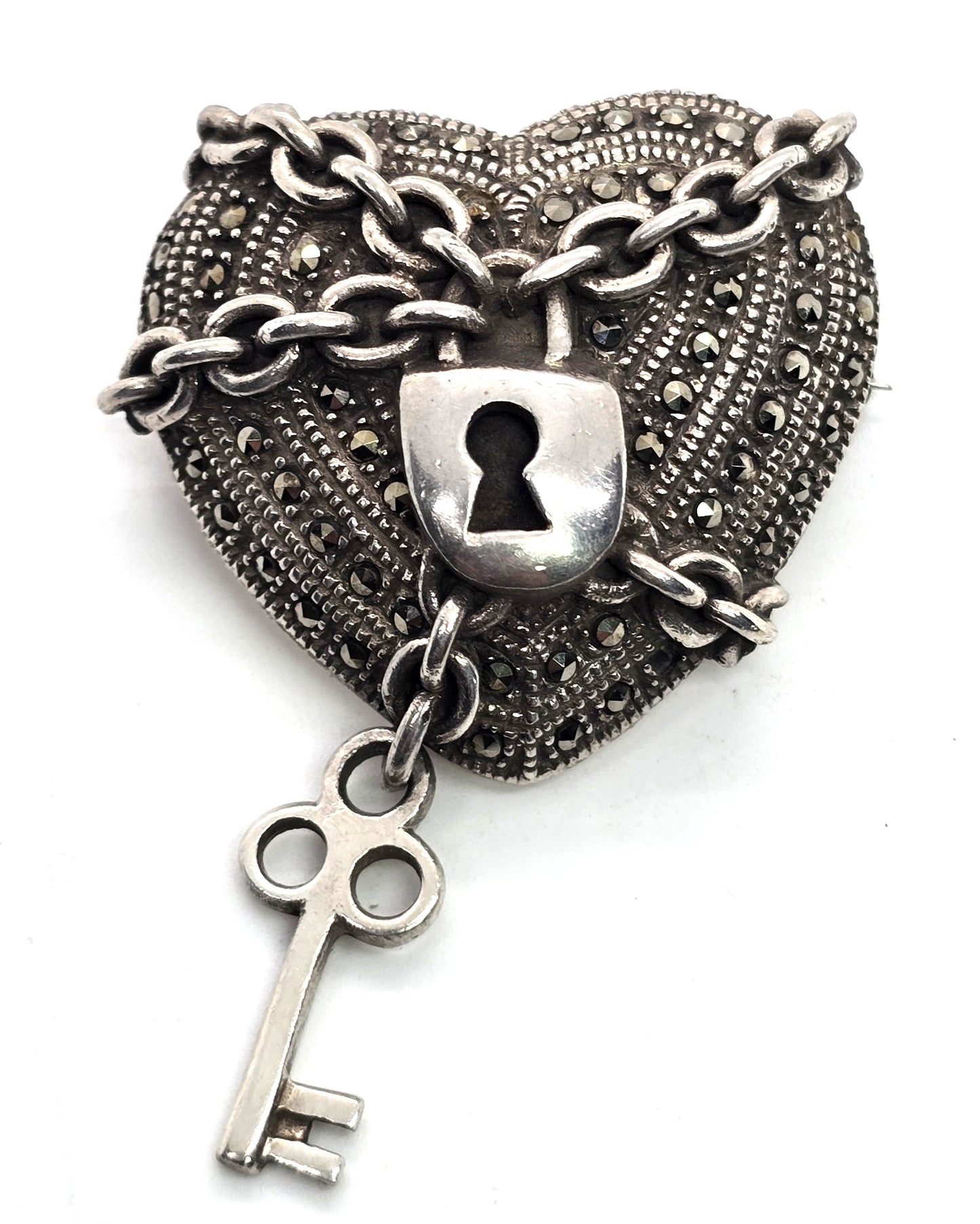Chained Heart and key vintage sterling silver large brooch