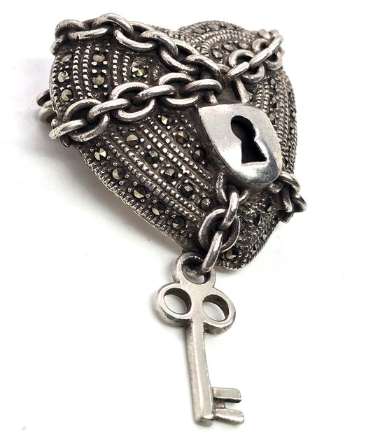 Chained Heart and key vintage sterling silver large brooch