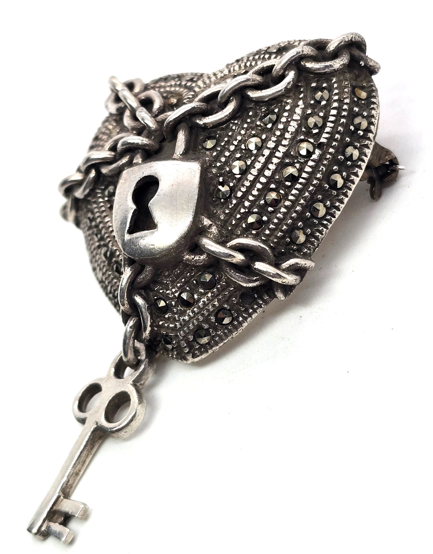 Chained Heart and key vintage sterling silver large brooch