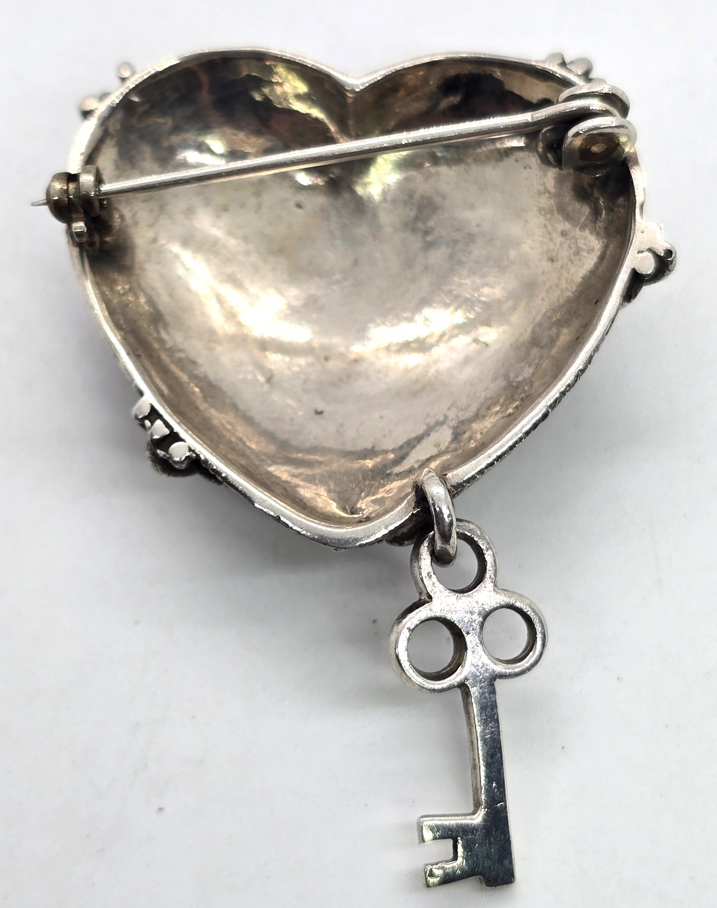 Chained Heart and key vintage sterling silver large brooch