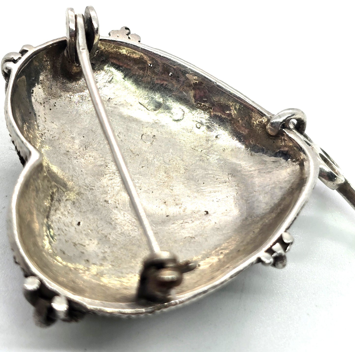 Chained Heart and key vintage sterling silver large brooch