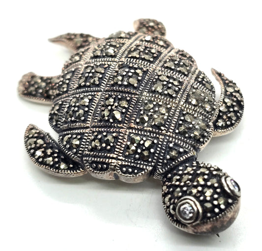 Sea turtle marcasite vintage sterling silver large brooch