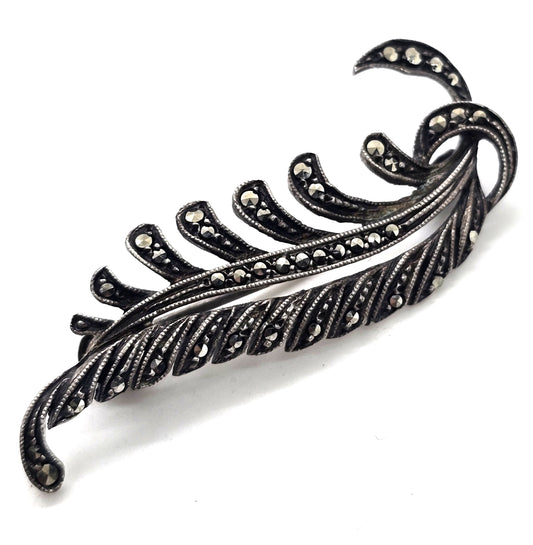 Feather flowing marcasite vintage sterling silver brooch