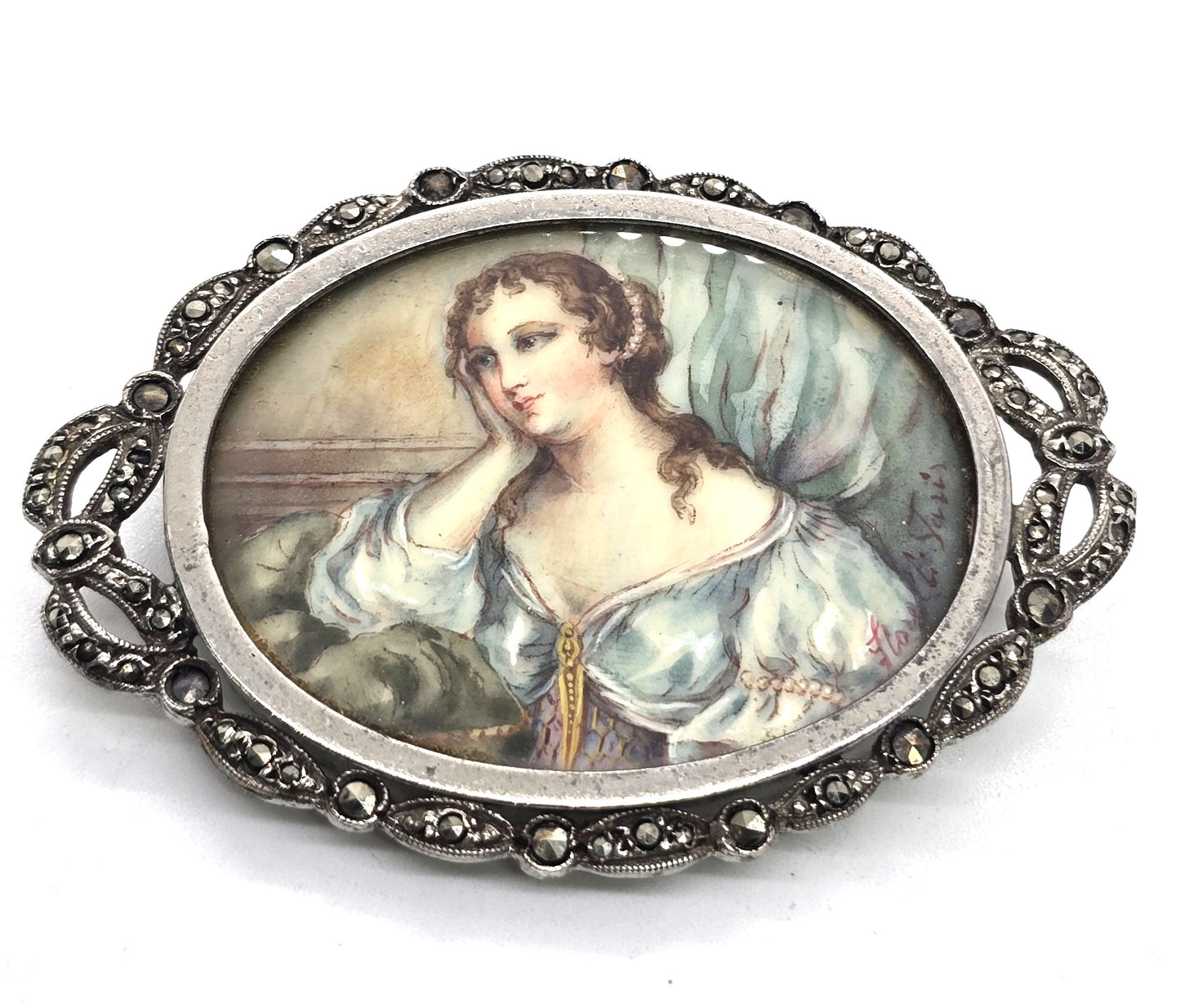 Florelli Paris antique hand painted cameo marcasite sterling brooch
