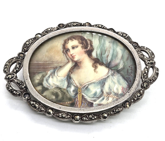 Florelli Paris antique hand painted cameo marcasite sterling brooch