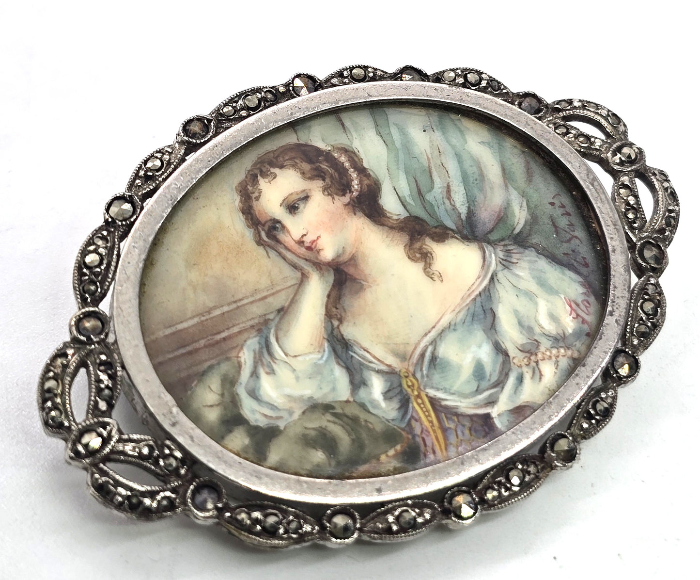 Florelli Paris antique hand painted cameo marcasite sterling brooch