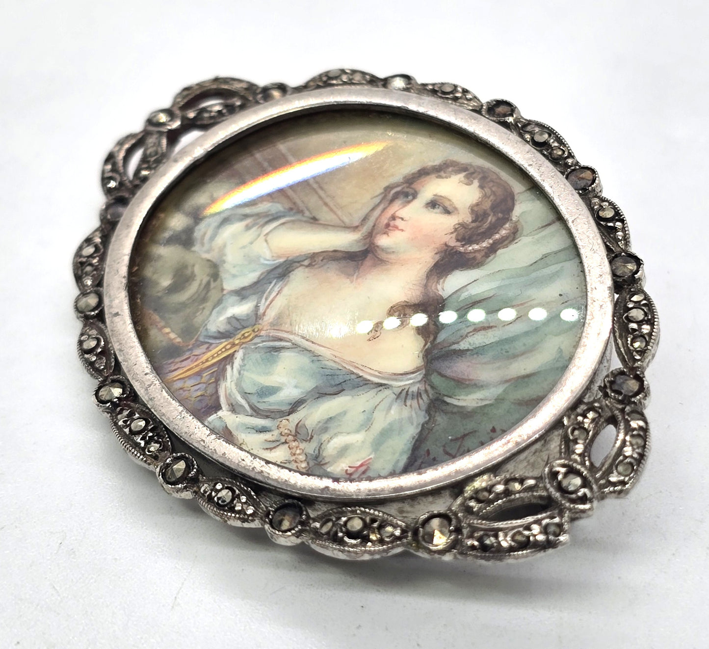Florelli Paris antique hand painted cameo marcasite sterling brooch