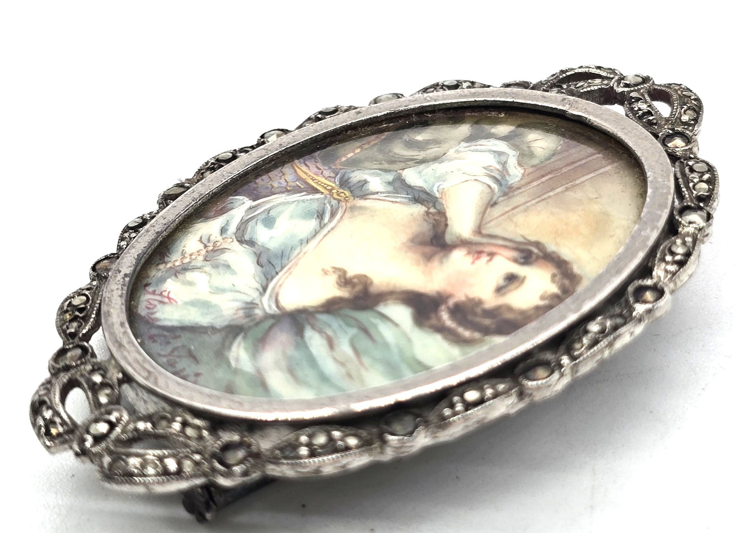 Florelli Paris antique hand painted cameo marcasite sterling brooch