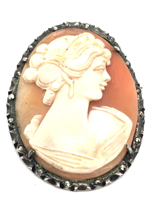 Cameo marcasite carved shell sterling silver vintage pendant brooch 800