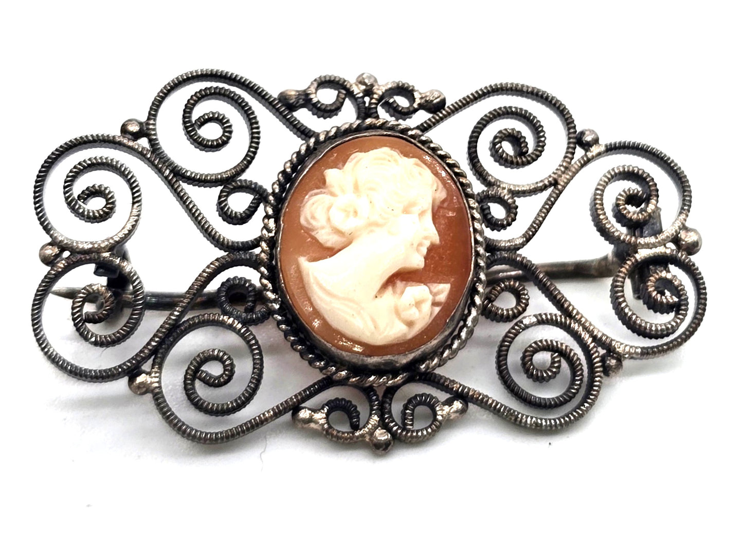 Victorian Cameo carved shell spun sterling silver vintage brooch 800