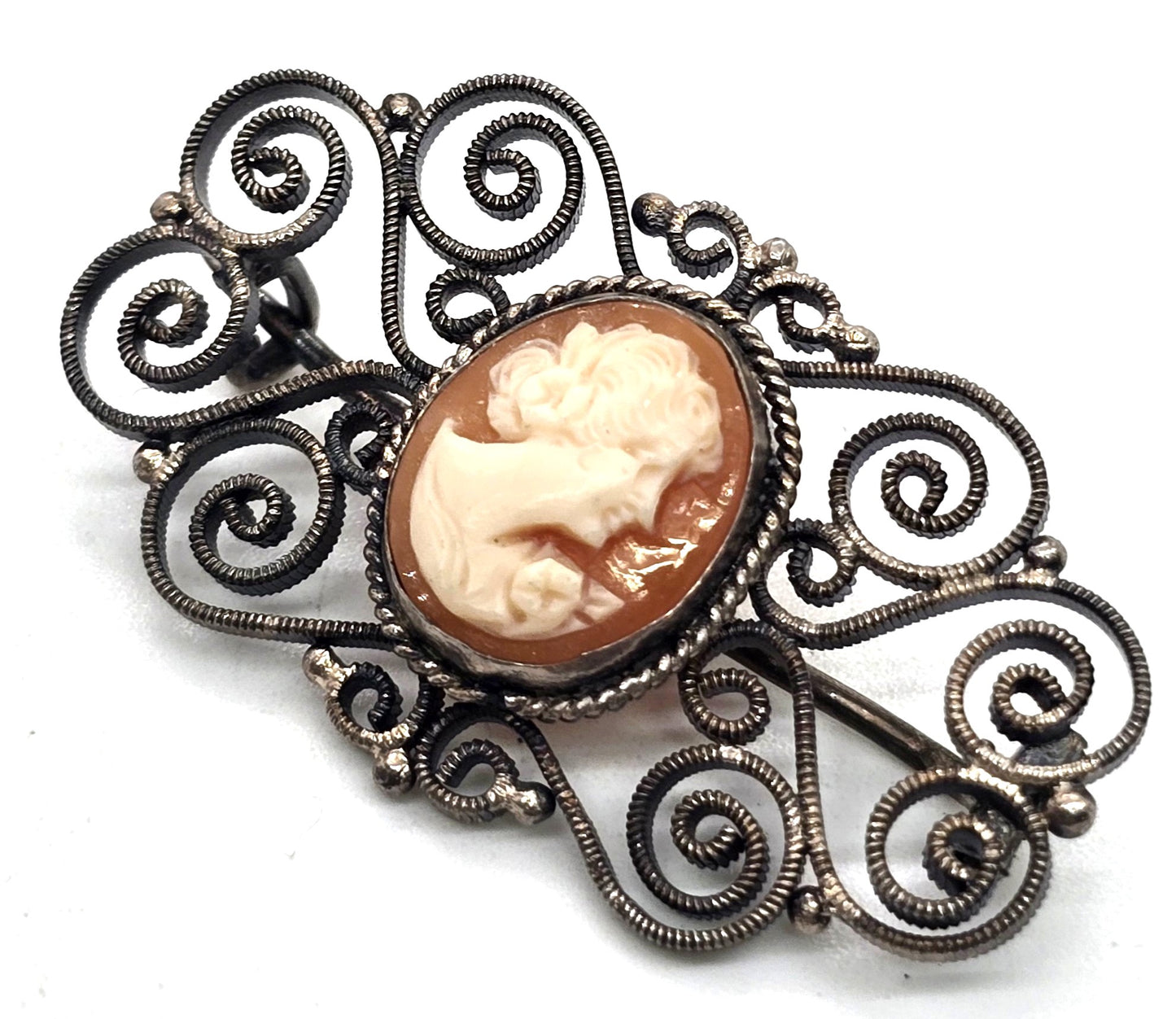 Victorian Cameo carved shell spun sterling silver vintage brooch 800