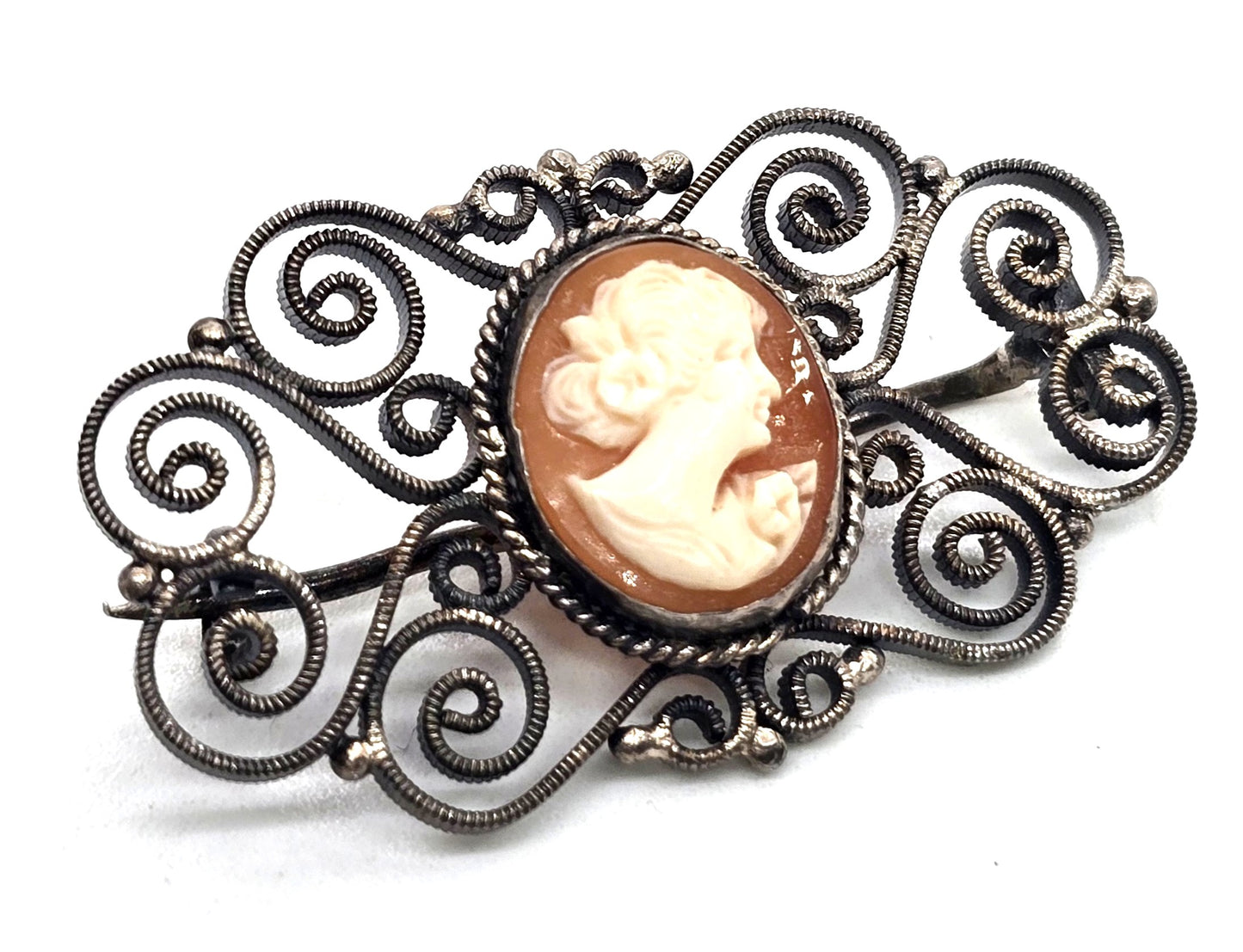 Victorian Cameo carved shell spun sterling silver vintage brooch 800
