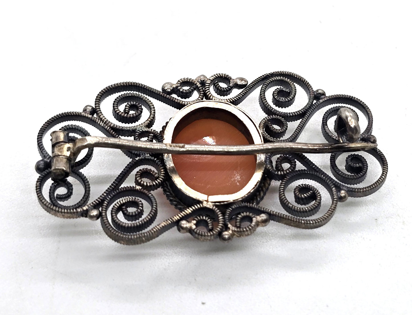 Victorian Cameo carved shell spun sterling silver vintage brooch 800