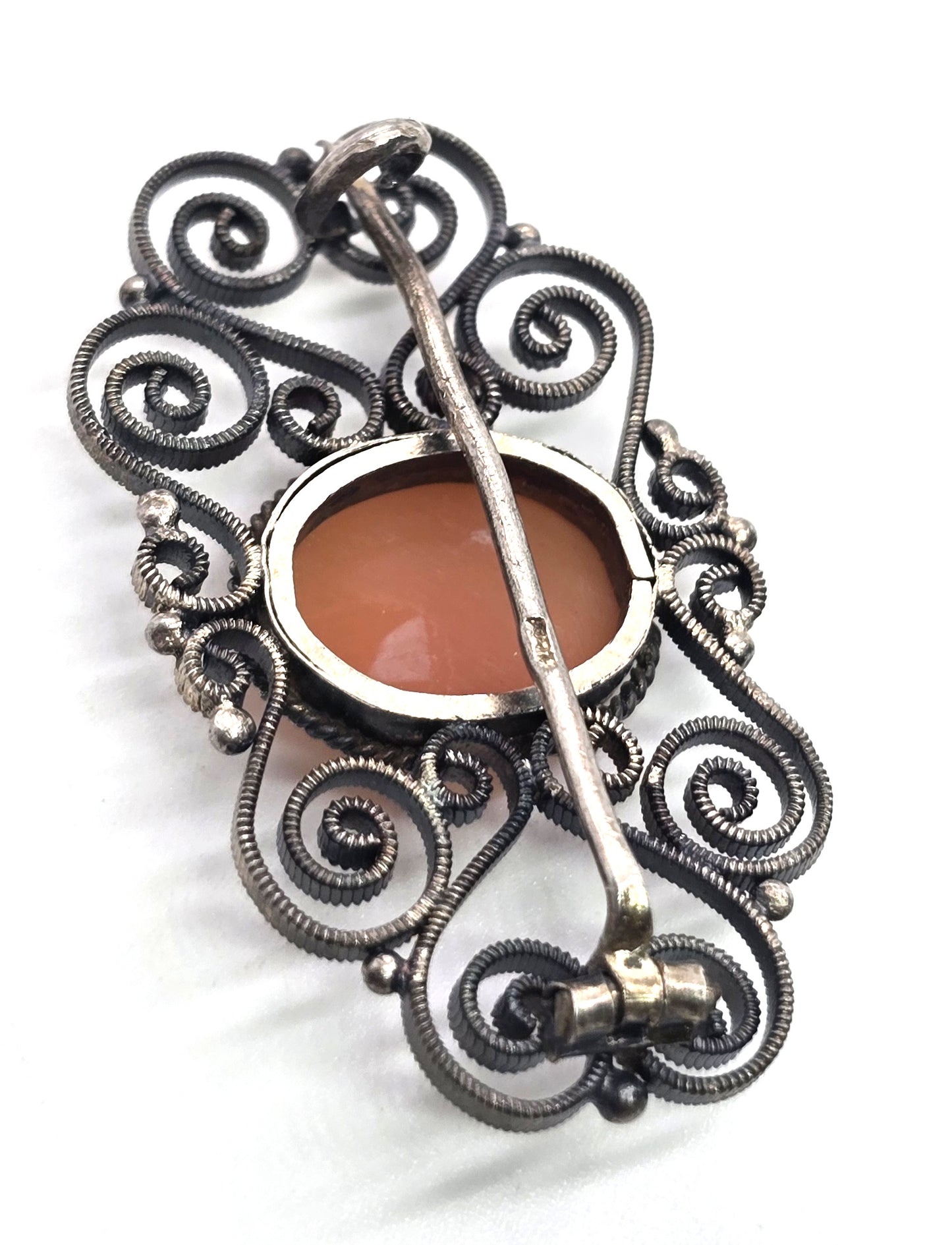 Victorian Cameo carved shell spun sterling silver vintage brooch 800