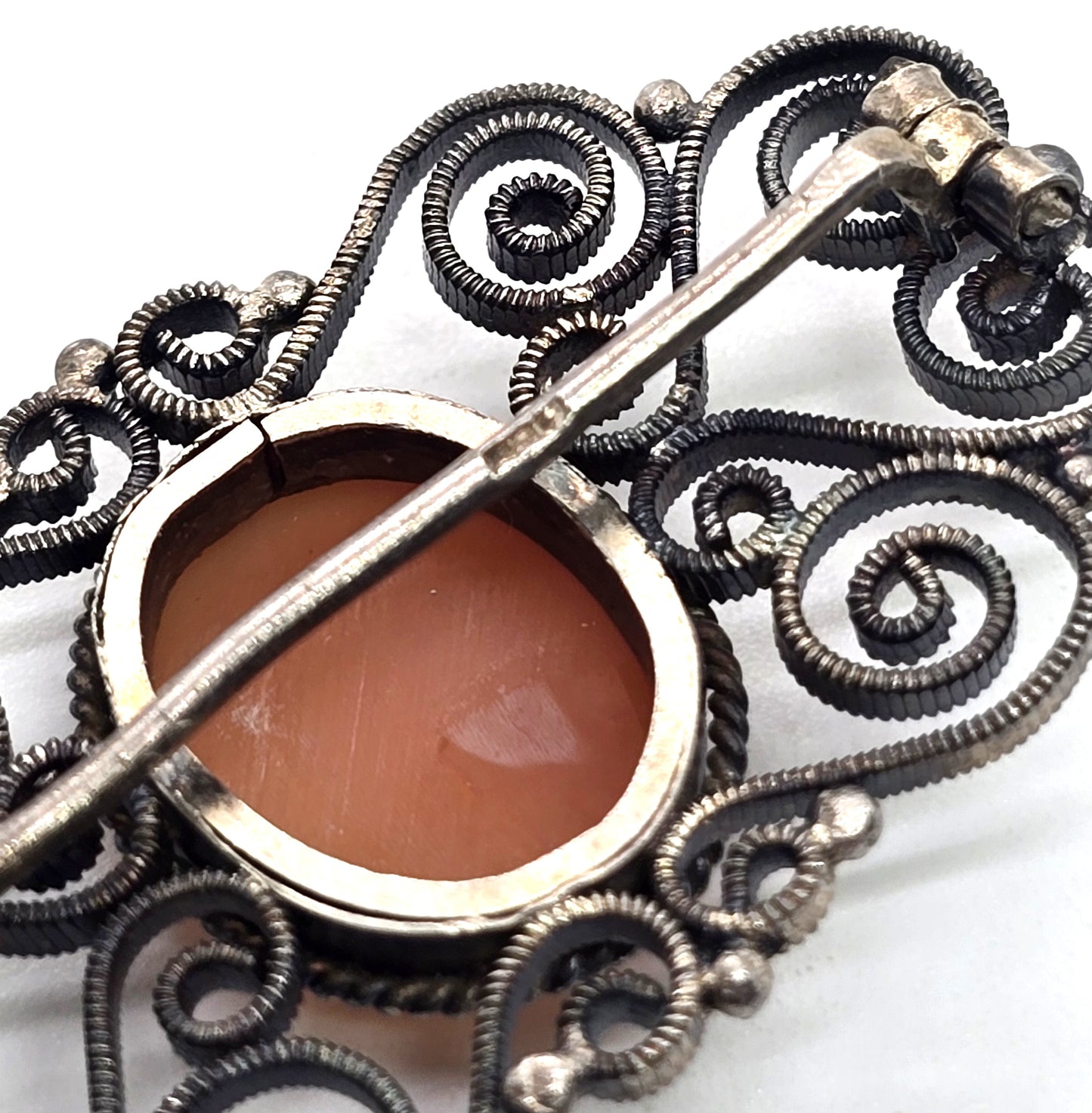 Victorian Cameo carved shell spun sterling silver vintage brooch 800