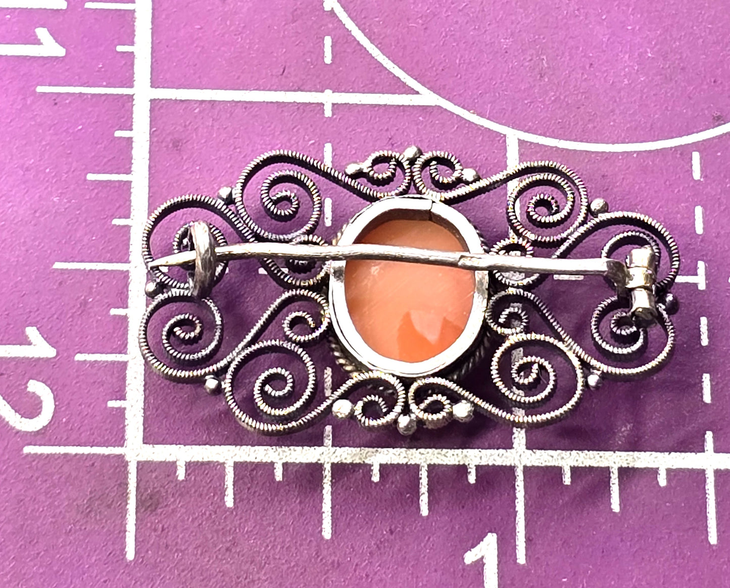 Victorian Cameo carved shell spun sterling silver vintage brooch 800