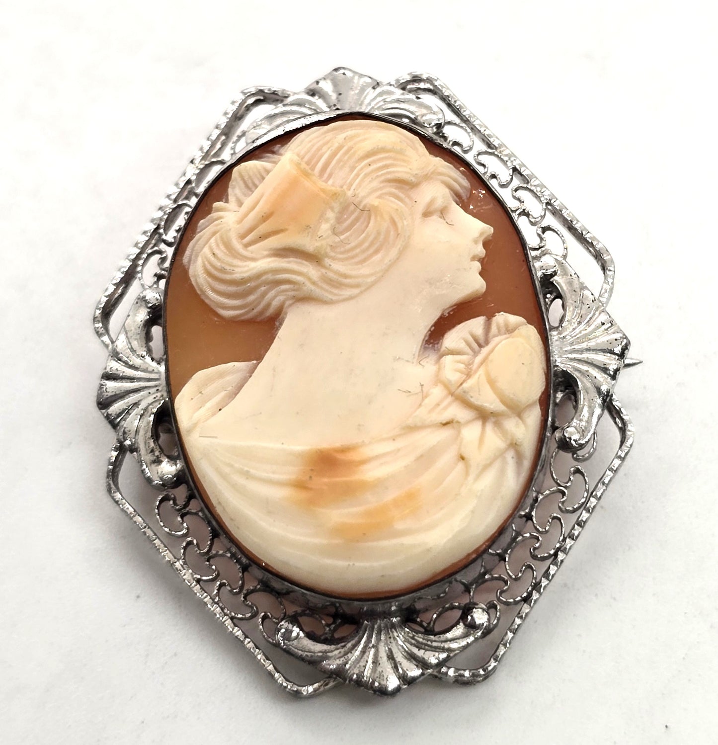 Art Deco Cameo carved shell rhodium plated sterling silver vintage brooch