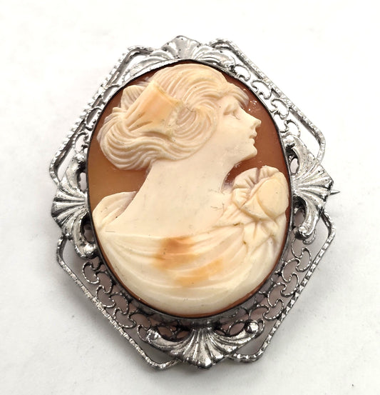 Art Deco Cameo carved shell rhodium plated sterling silver vintage brooch