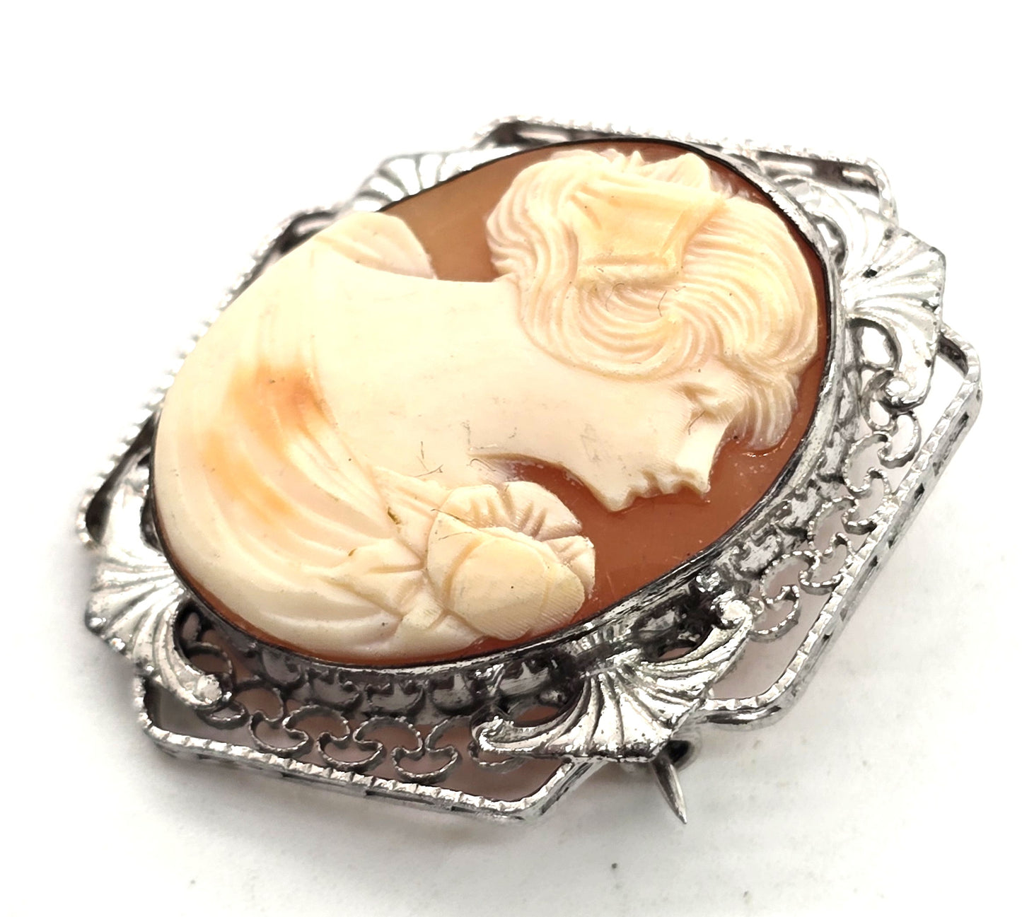 Art Deco Cameo carved shell rhodium plated sterling silver vintage brooch