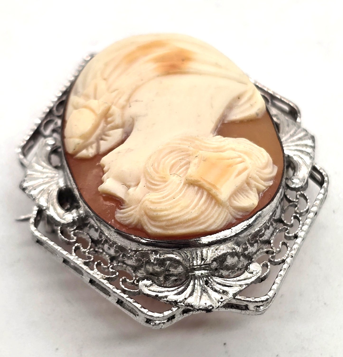 Art Deco Cameo carved shell rhodium plated sterling silver vintage brooch