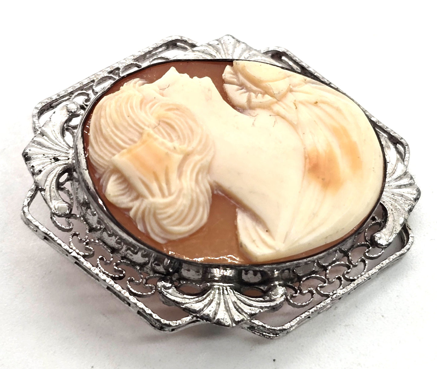 Art Deco Cameo carved shell rhodium plated sterling silver vintage brooch