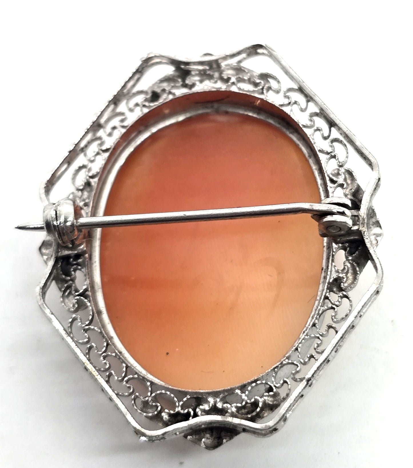 Art Deco Cameo carved shell rhodium plated sterling silver vintage brooch