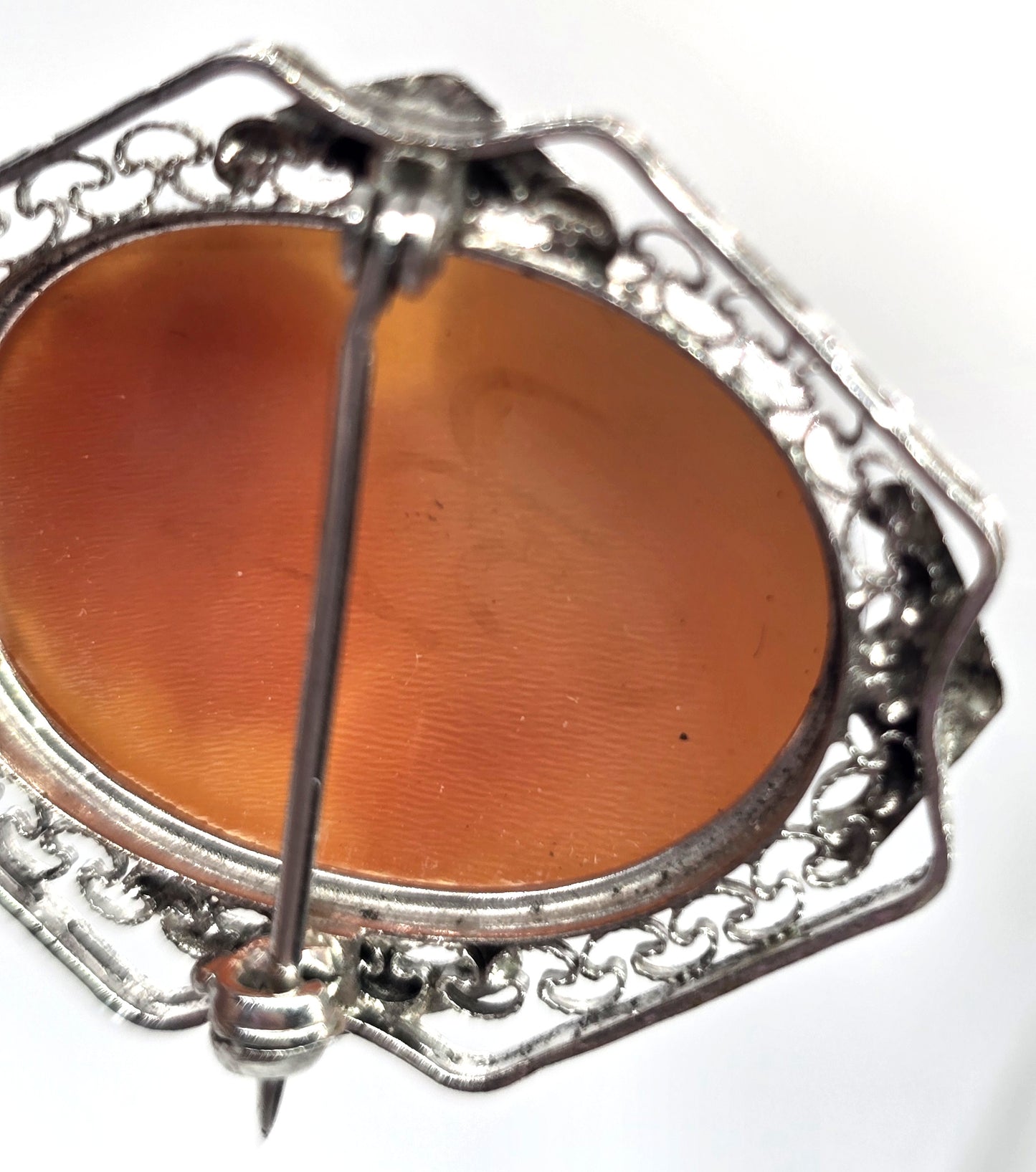 Art Deco Cameo carved shell rhodium plated sterling silver vintage brooch