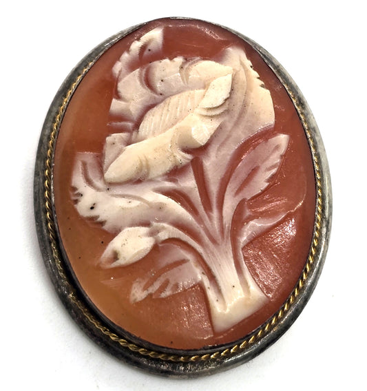 Cameo flowers carved shell sterling silver vintage pendant brooch 800