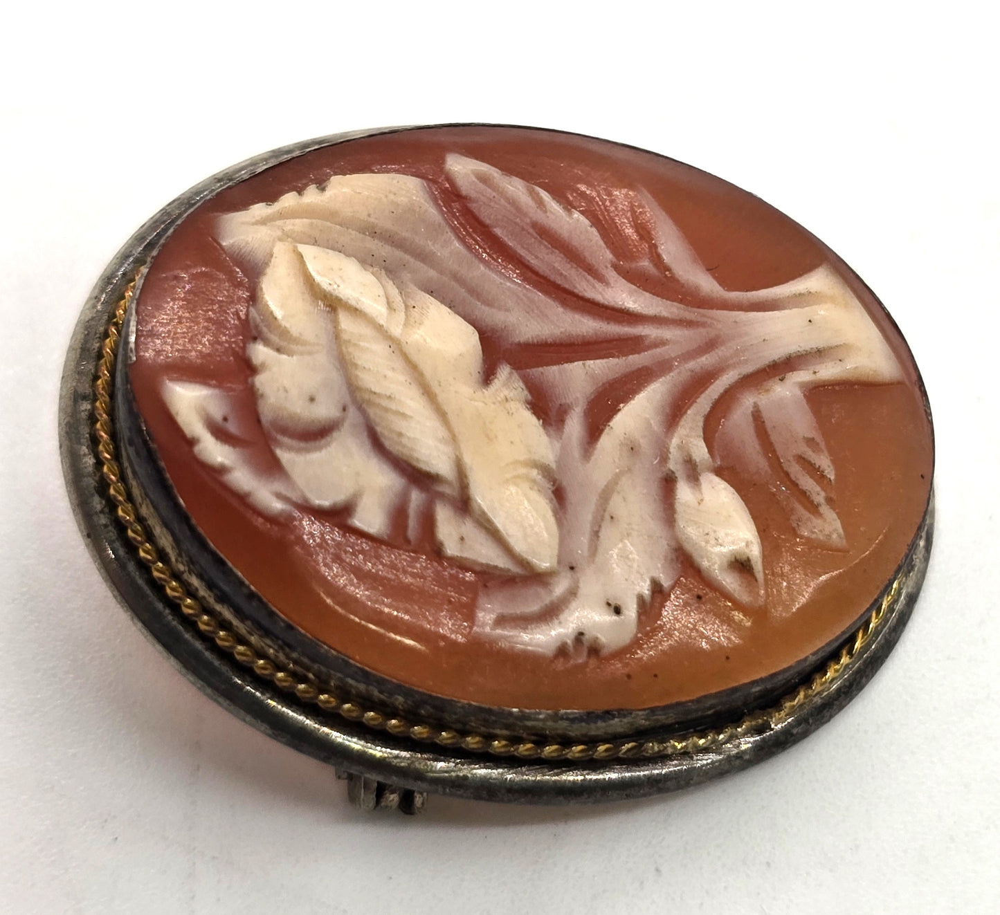 Cameo flowers carved shell sterling silver vintage pendant brooch 800