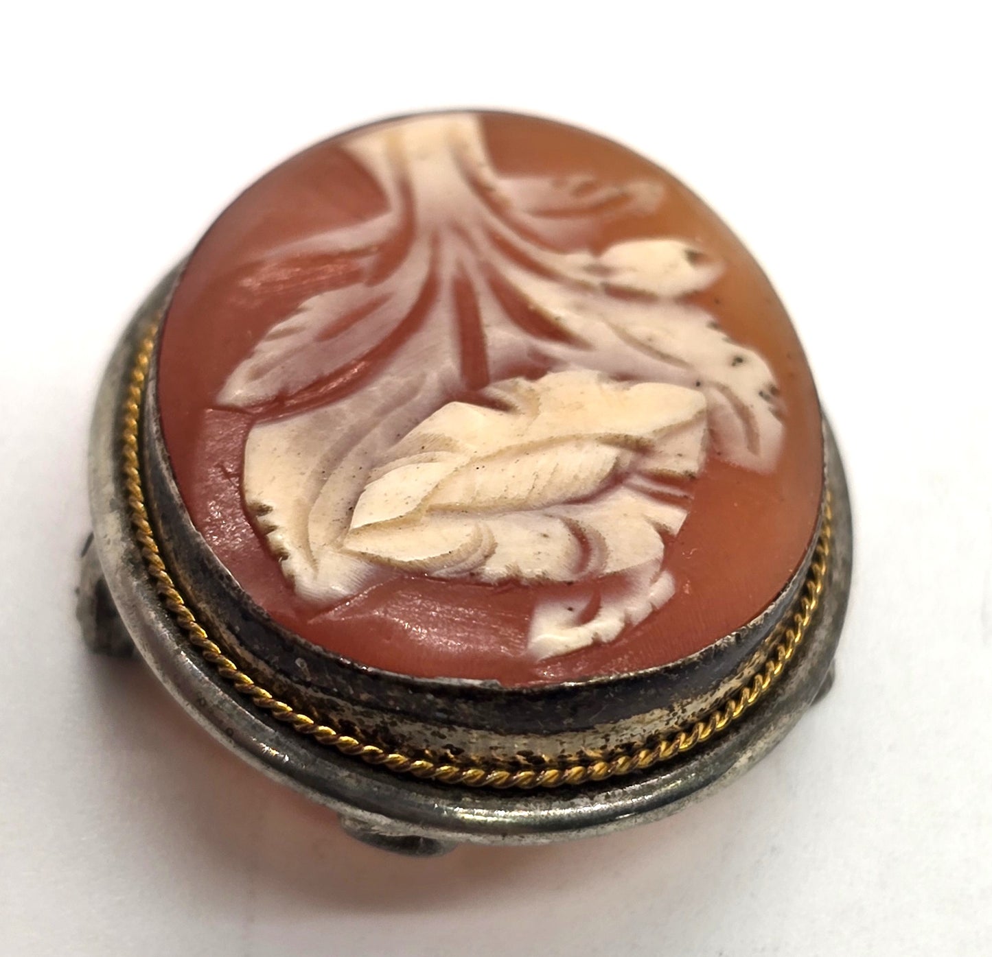 Cameo flowers carved shell sterling silver vintage pendant brooch 800