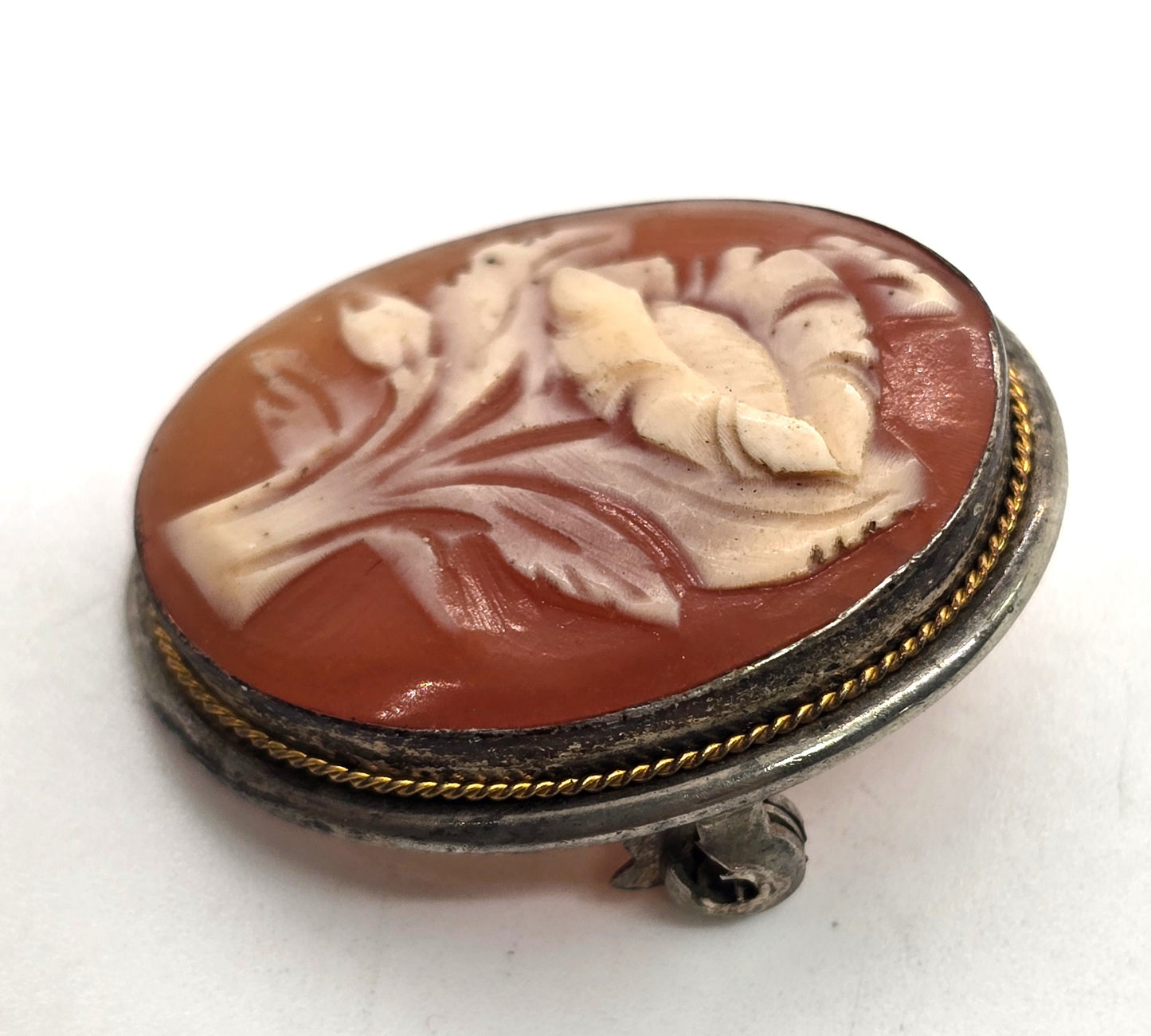 Cameo flowers carved shell sterling silver vintage pendant brooch 800