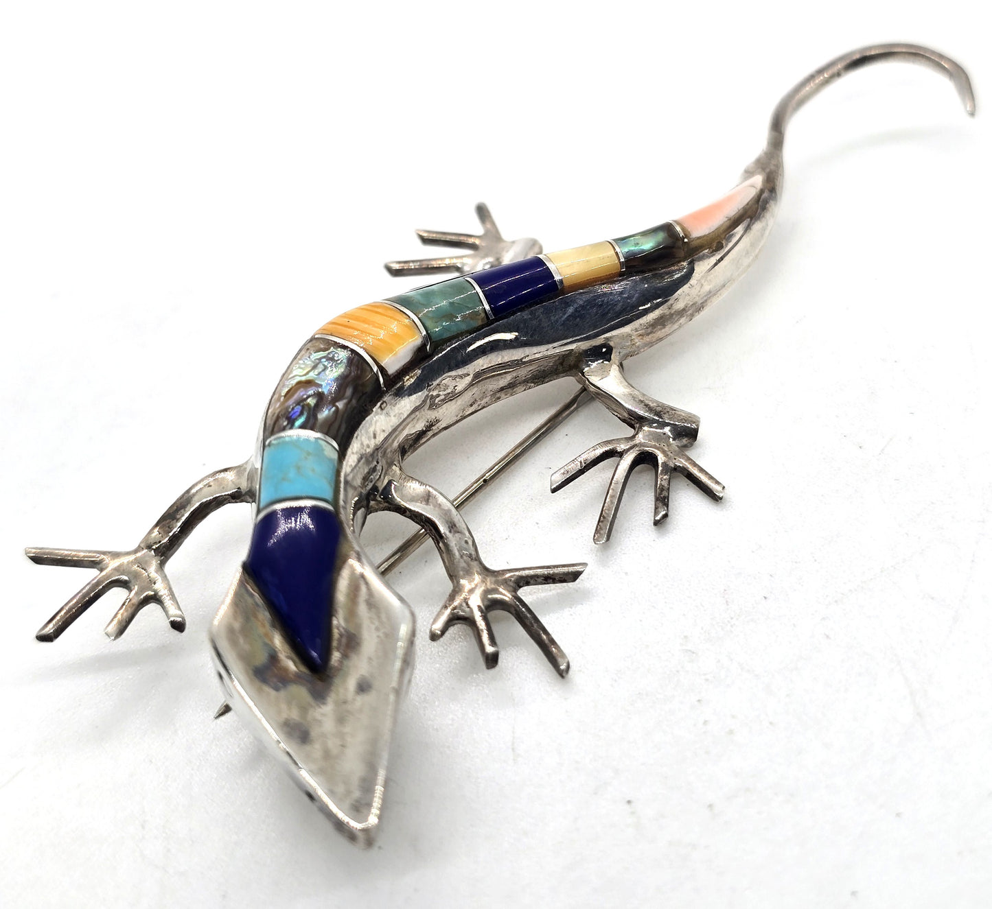 Lizard multi gemstone figural sterling silver artisan reptile vintage brooch