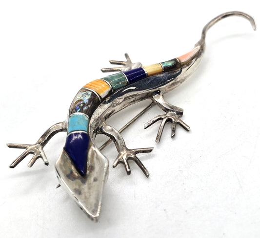 Lizard multi gemstone figural sterling silver artisan reptile vintage brooch