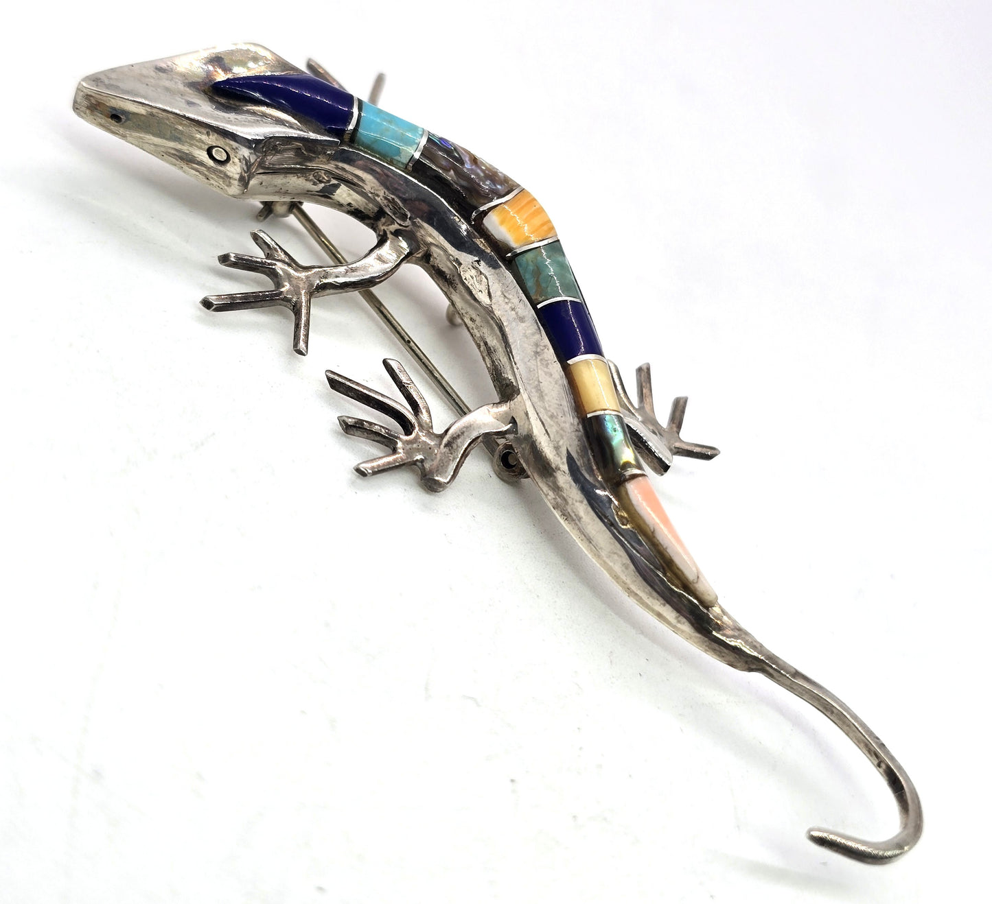 Lizard multi gemstone figural sterling silver artisan reptile vintage brooch