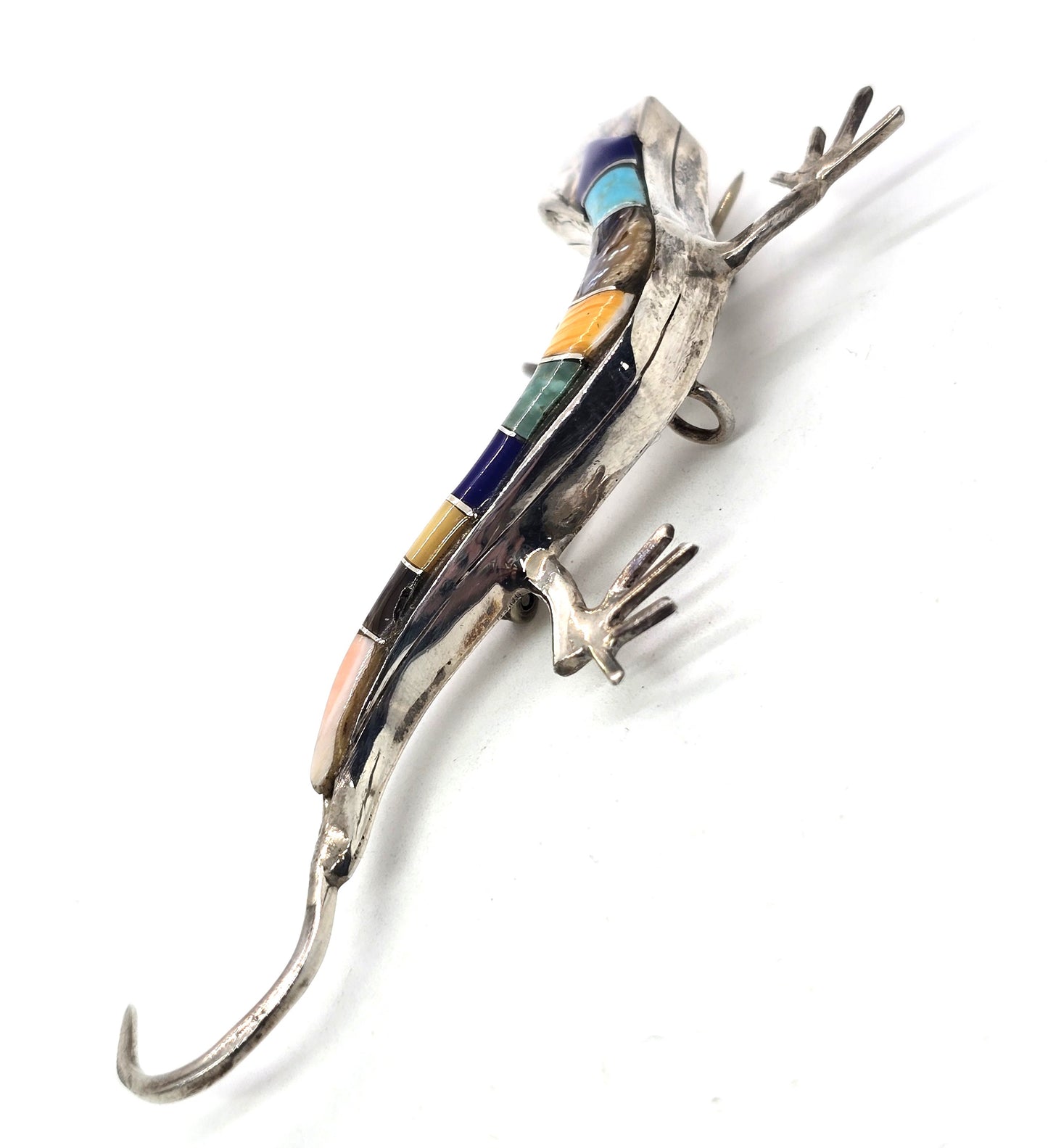 Lizard multi gemstone figural sterling silver artisan reptile vintage brooch
