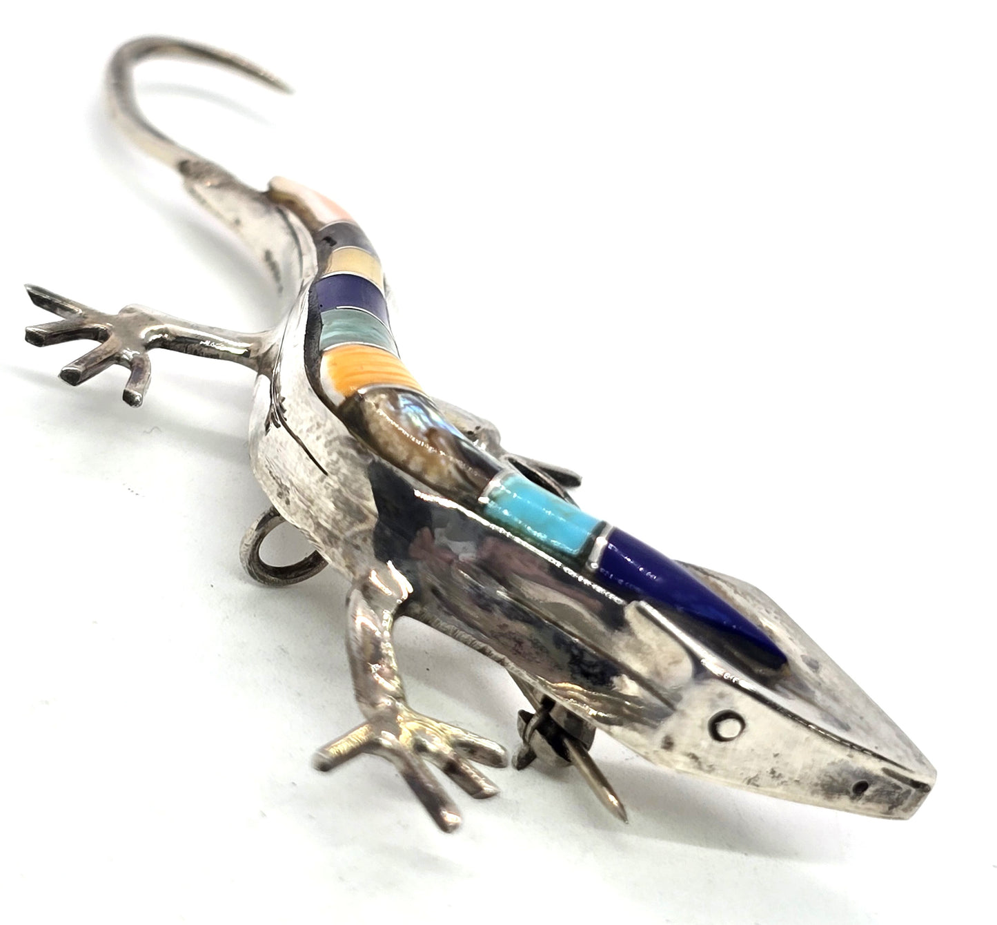 Lizard multi gemstone figural sterling silver artisan reptile vintage brooch