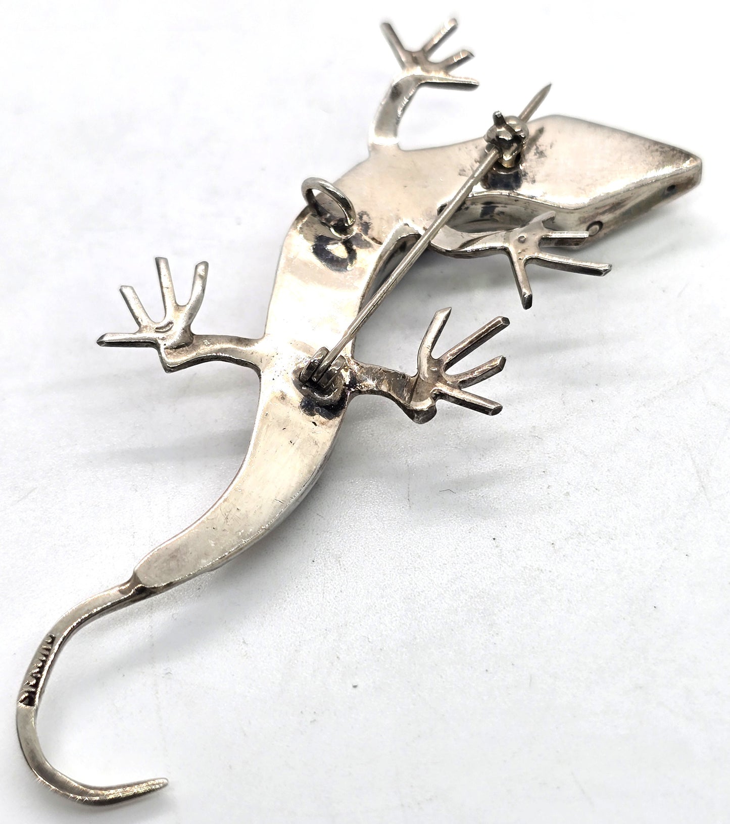Lizard multi gemstone figural sterling silver artisan reptile vintage brooch