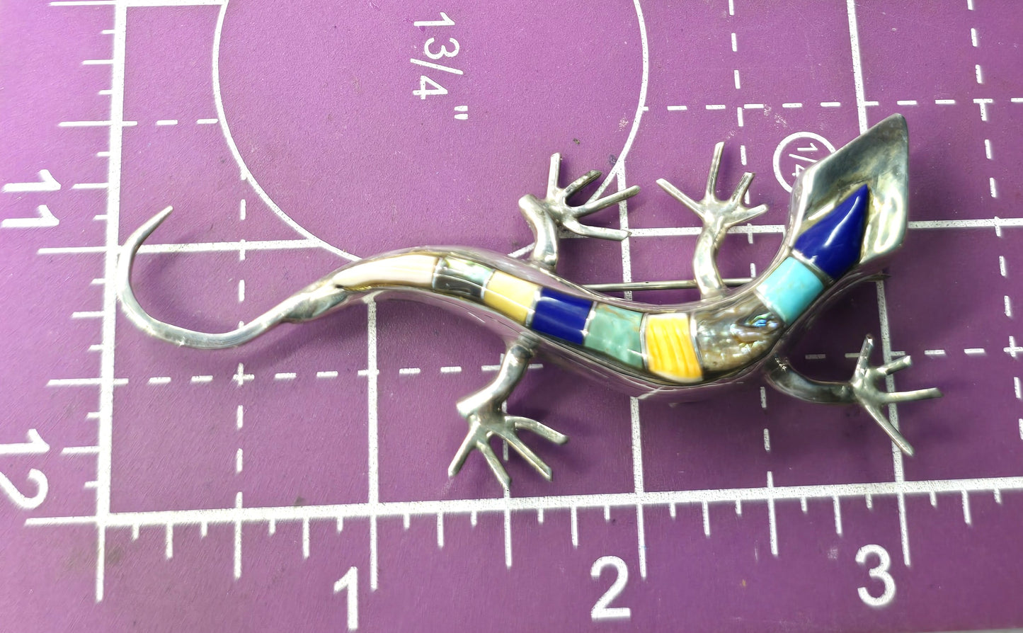 Lizard multi gemstone figural sterling silver artisan reptile vintage brooch