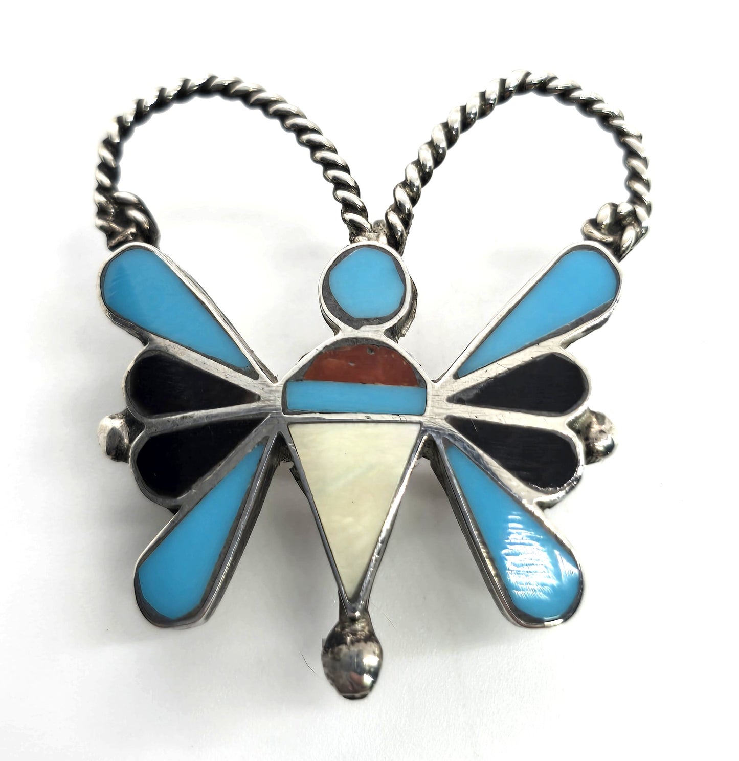 Butterfly multi gemstone figural sterling silver Native American vintage brooch pendant
