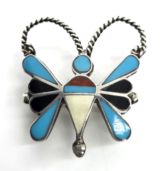 Butterfly multi gemstone figural sterling silver Native American vintage brooch pendant