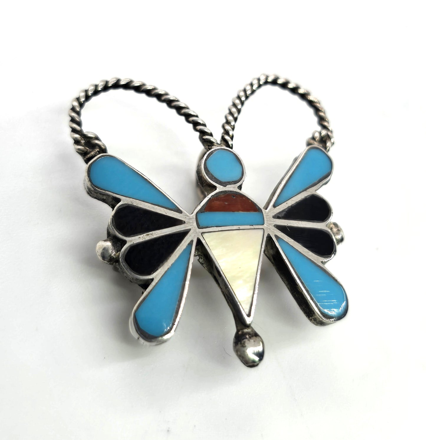 Butterfly multi gemstone figural sterling silver Native American vintage brooch pendant