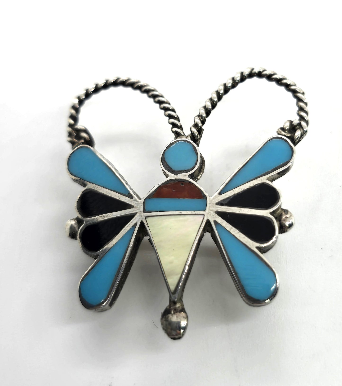Butterfly multi gemstone figural sterling silver Native American vintage brooch pendant