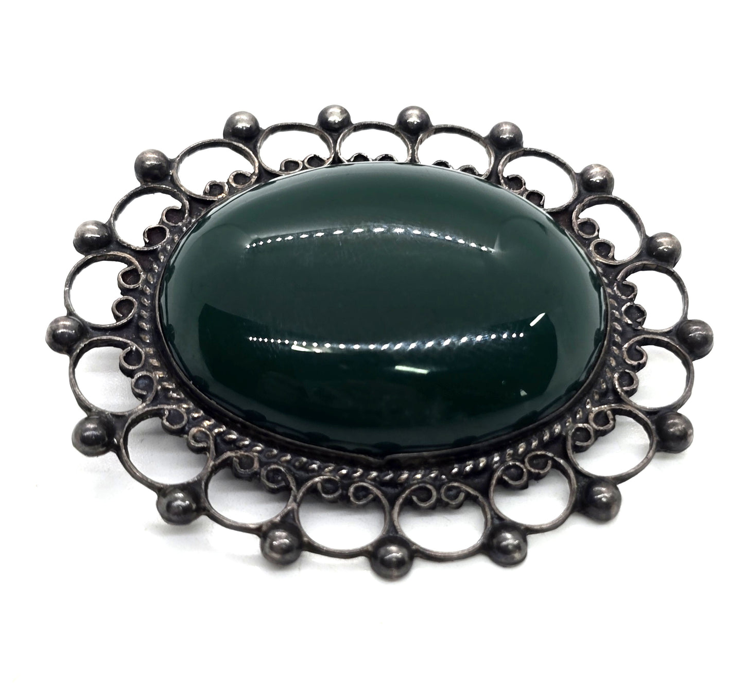 Mexican green onyx Taxco Mexico vintage sterling silver large brooch