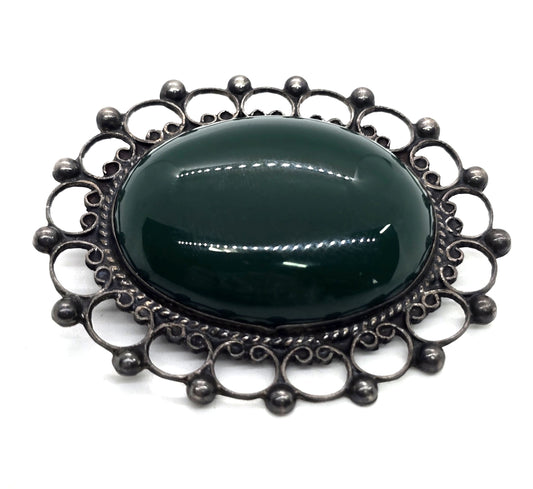 Mexican green onyx Taxco Mexico vintage sterling silver large brooch