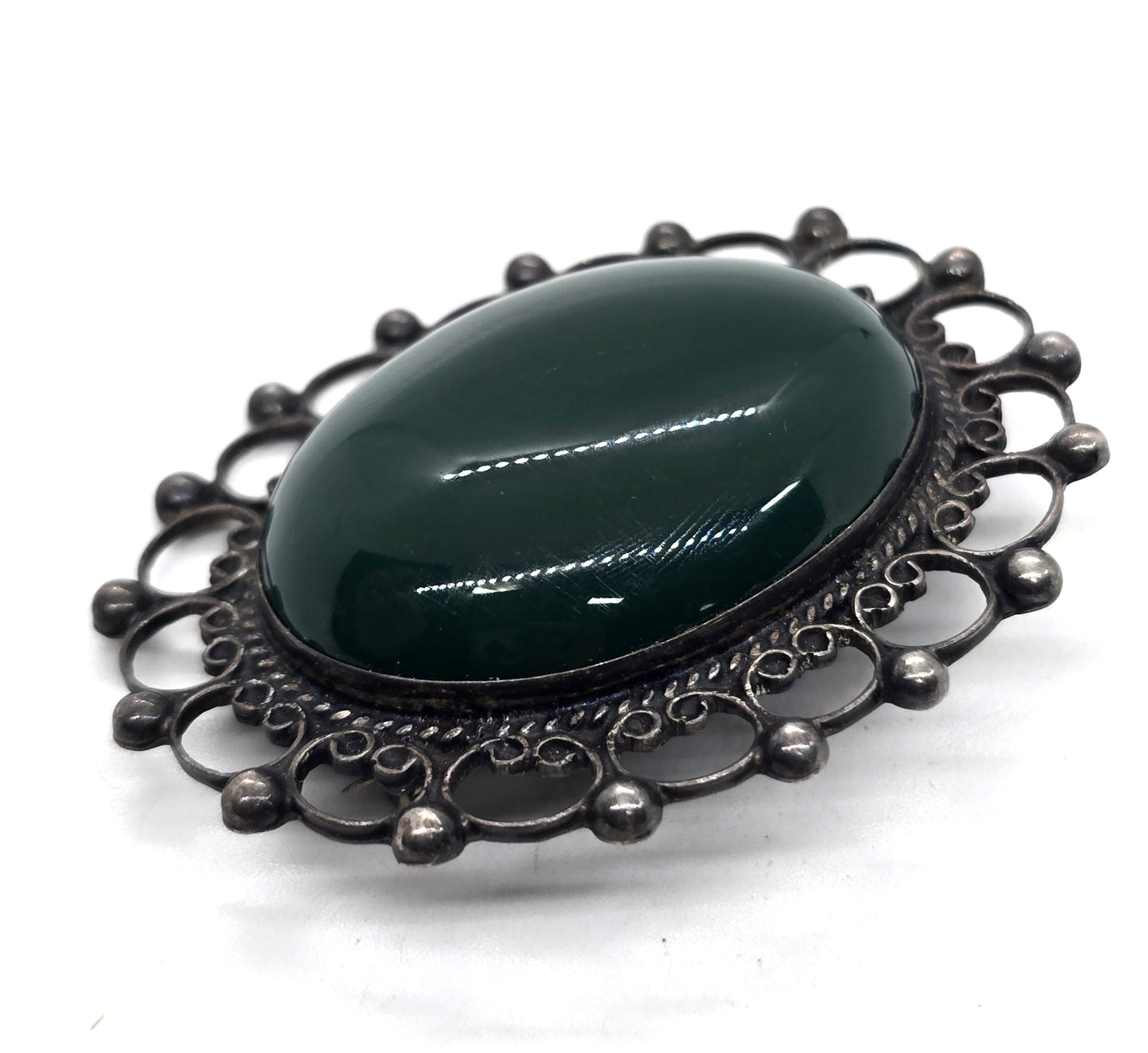 Mexican green onyx Taxco Mexico vintage sterling silver large brooch
