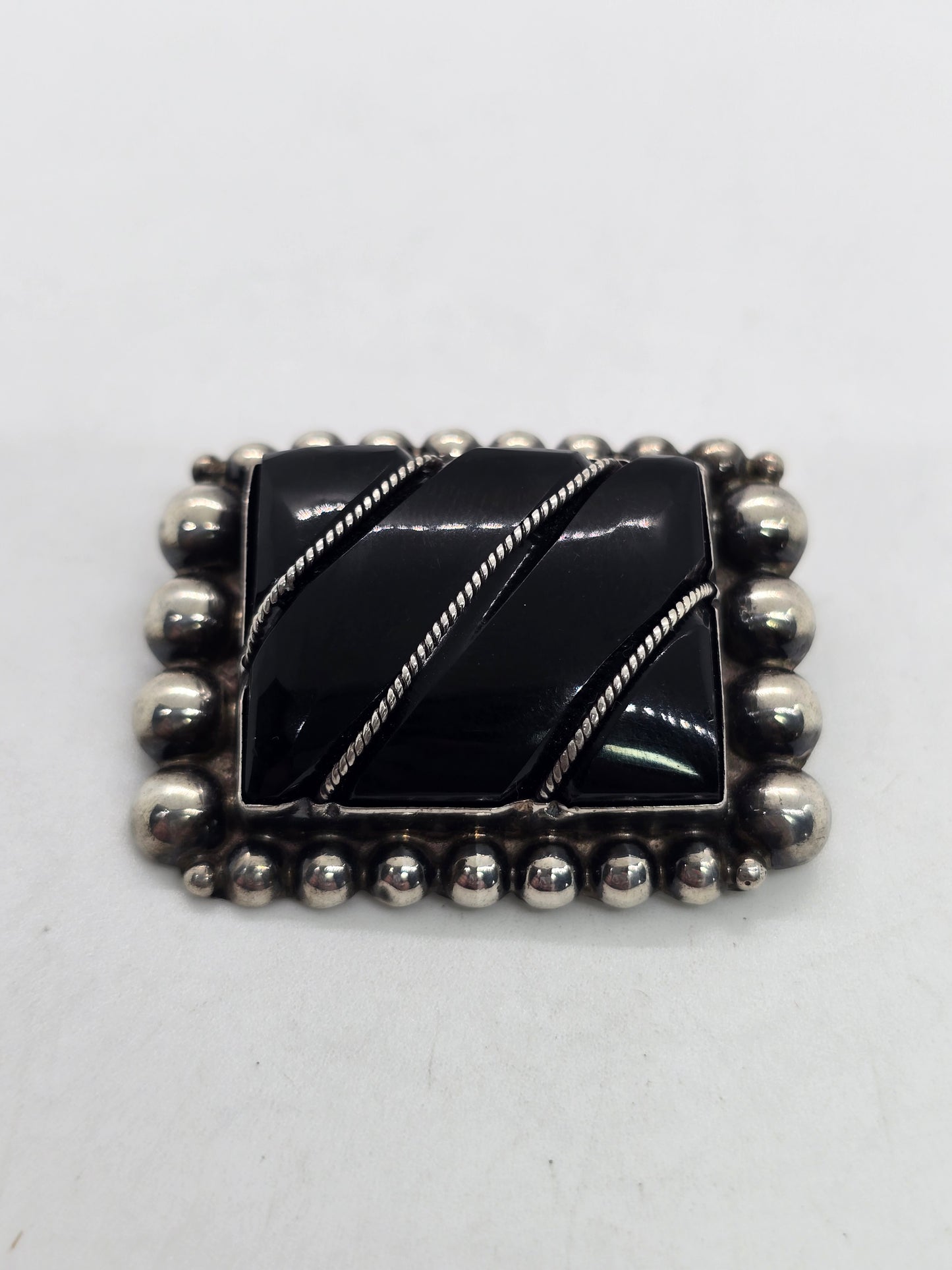 Mexican Black onyx Mexico vintage sterling silver large brooch
