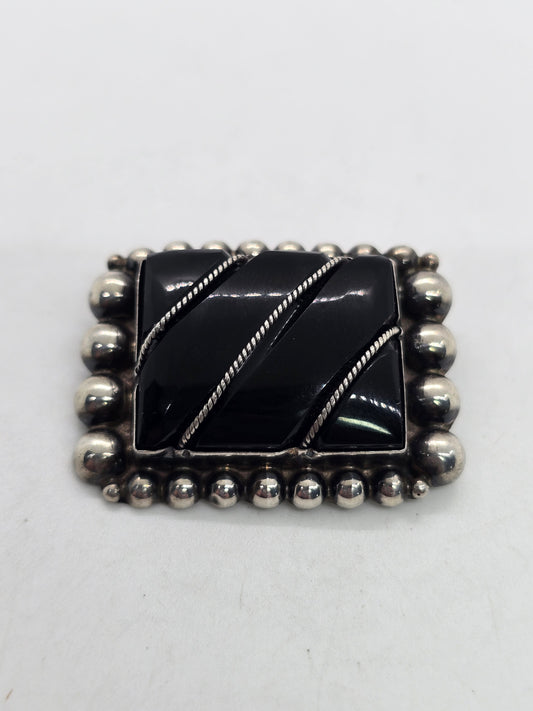 Mexican Black onyx Mexico vintage sterling silver large brooch