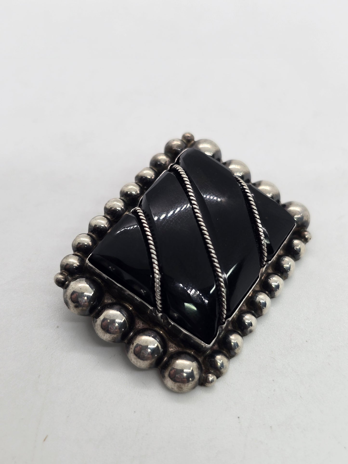 Mexican Black onyx Mexico vintage sterling silver large brooch